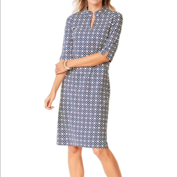 Talbots Dresses & Skirts - Talbots Navy & Pink Geometric Print Split Mockneck Short Sleeve Shift Dress